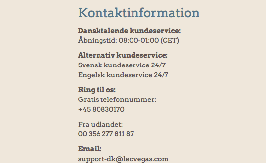 Åbningstider i kundeservice Kundeservice LeoVegas