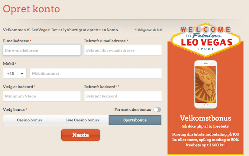 Tag imod sportsbonus ved oprettelsen Oprettelse LeoVegas