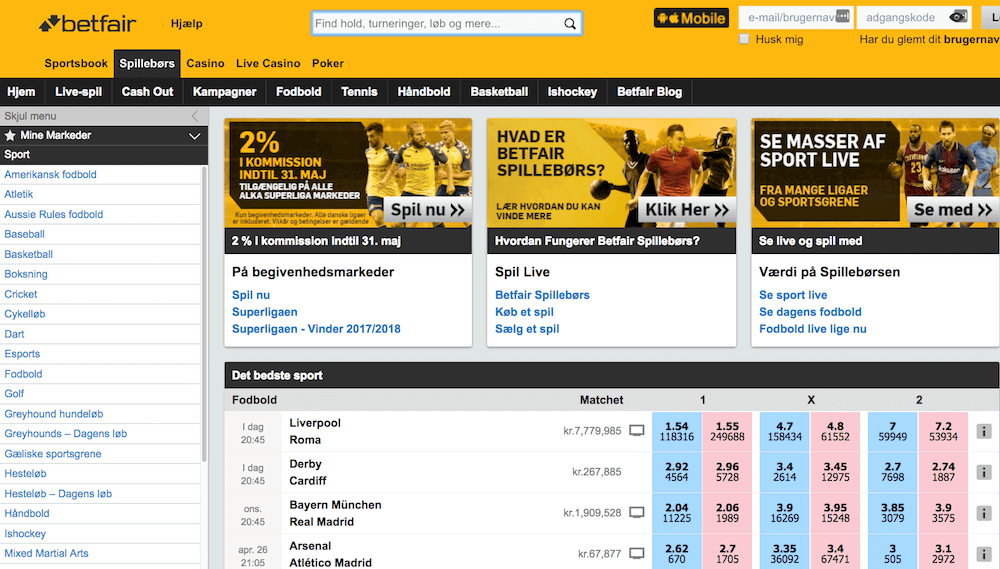 Betfair hjemmeside 