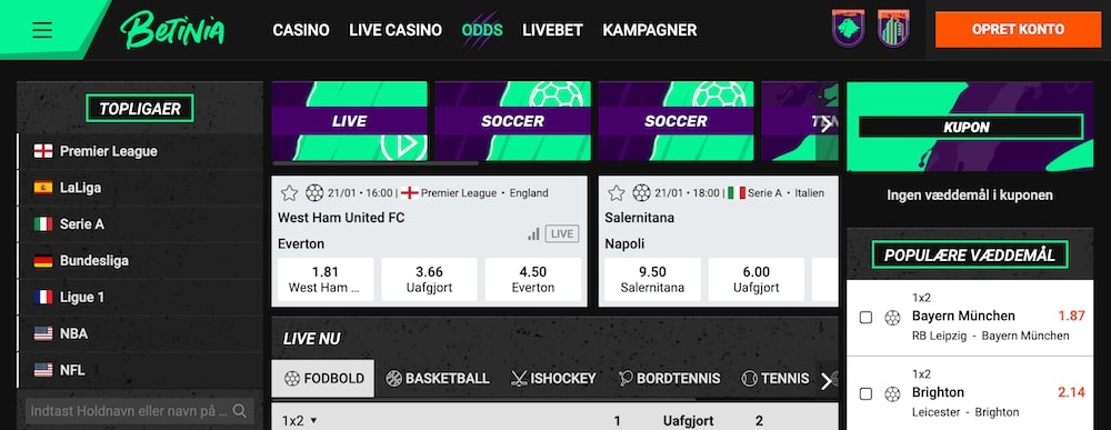 Betinia odds og spilmarkeder